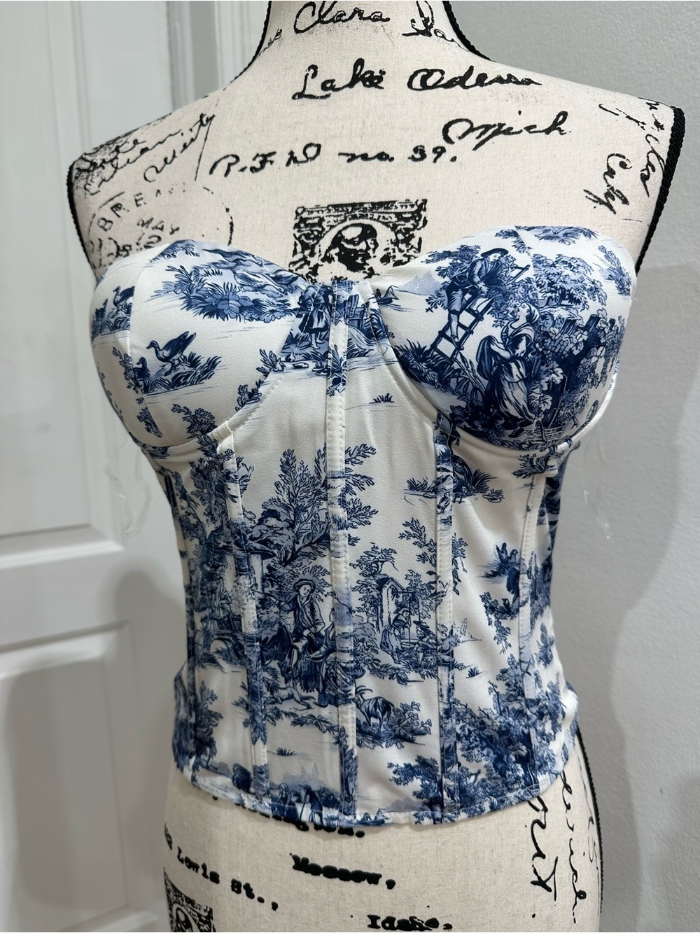 Fashion Nova Blue and White Toile Strapless Corset Camisole